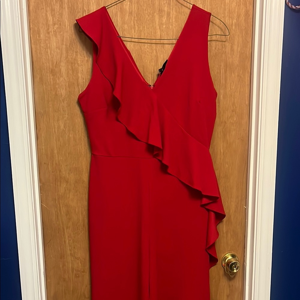 Symphony Red Asymmetrical Ruffled Jumpsuit